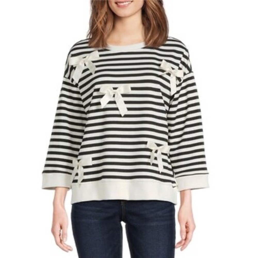 (CL) Jodifl Womens Striped Bow Accent Sweatshirt Black Cream Large L NWOT